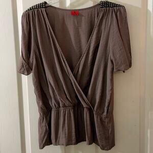 Taupe Shortsleeved Split Sleeve Flutter Deep V Top